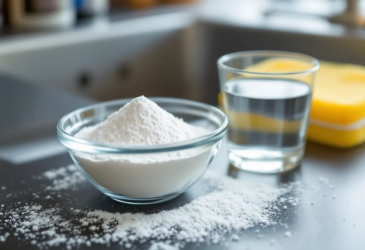 Bicarbonato de sódio, vinagre e detergente sobre a bancada de uma cozinha ao lado da pia, ingredientes de desentupidor caseiro