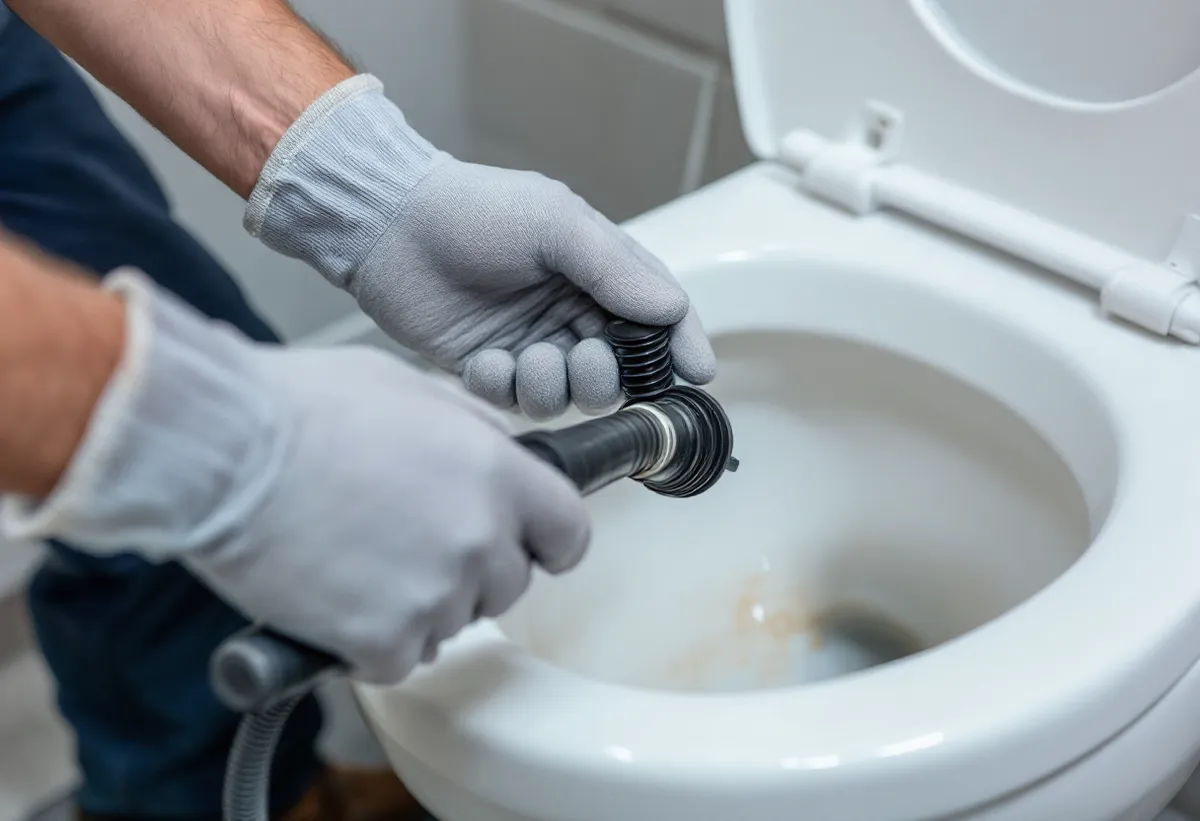 Técnico desentupindo um vaso sanitário com sonda flexível, sem danificar a louça