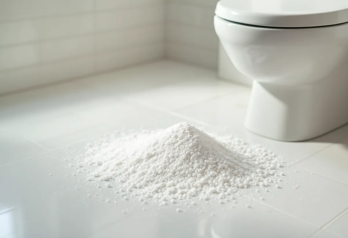 Grânulos de soda cáustica derramados no piso do banheiro ao lado de um vaso sanitário